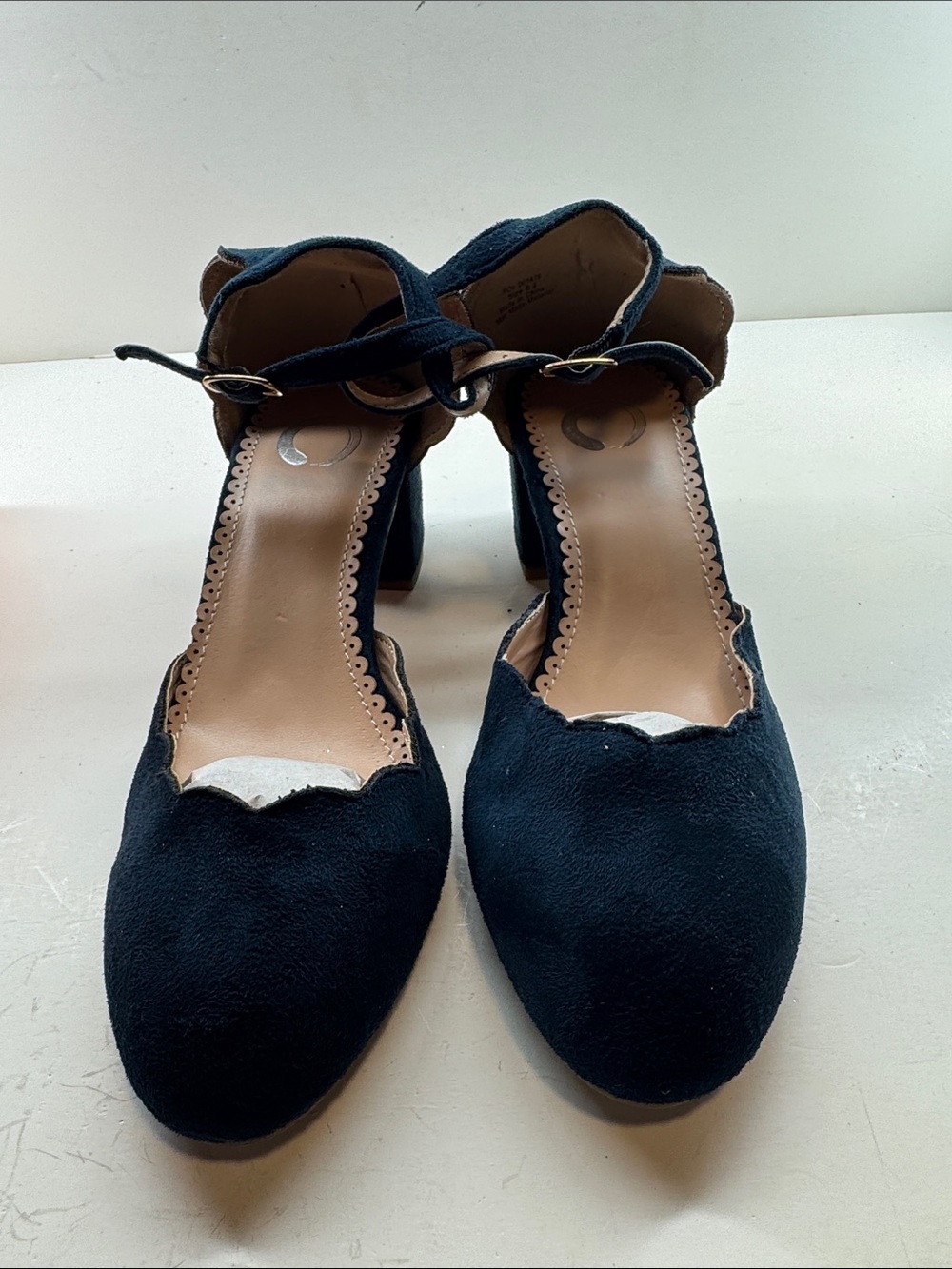 Scalloped Black Suede Ankle-Strap Heels